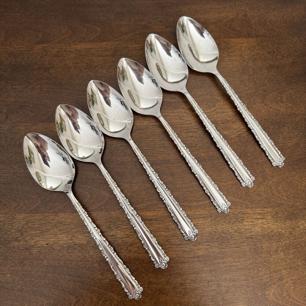 6 Oneida Cherie Oval Soup Serving Spoons Deluxe Stainless Flatware Glossy USA 8”